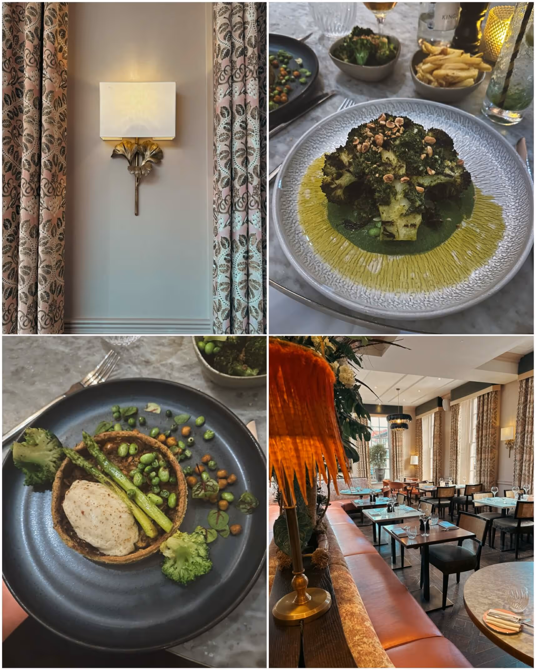 A collage of dinner images from 144 On The Hill restaurant, showcasing elegantly plated dishes, vibrant vegan options, and a cosy dining atmosphere, perfect for a fine dining experience.