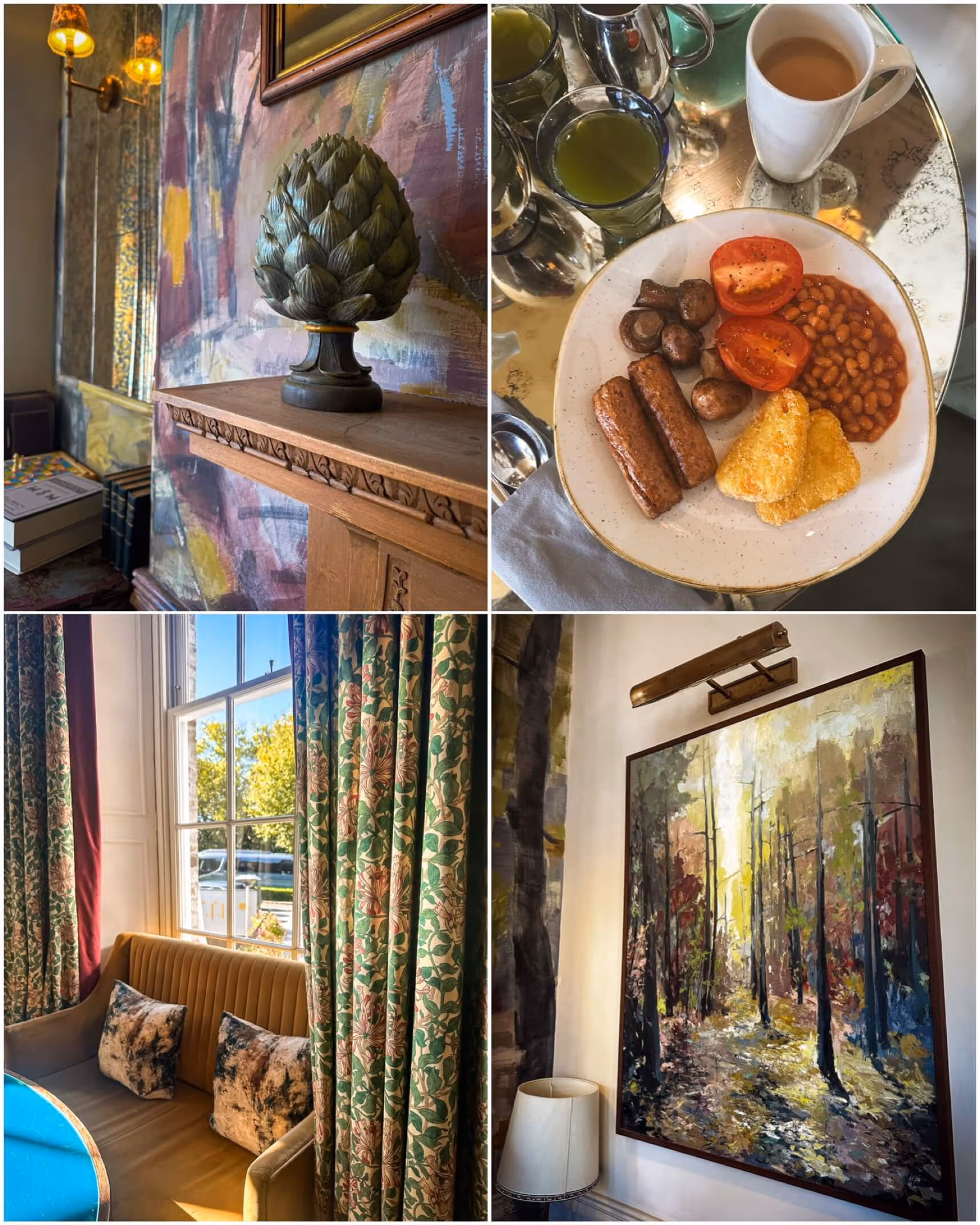 A collage of breakfast images from 144 On The Hill restaurant at Richmond Hill Hotel, featuring a variety of beautifully presented dishes including cooked and continental options, fresh fruit, pastries, and vegan selections.