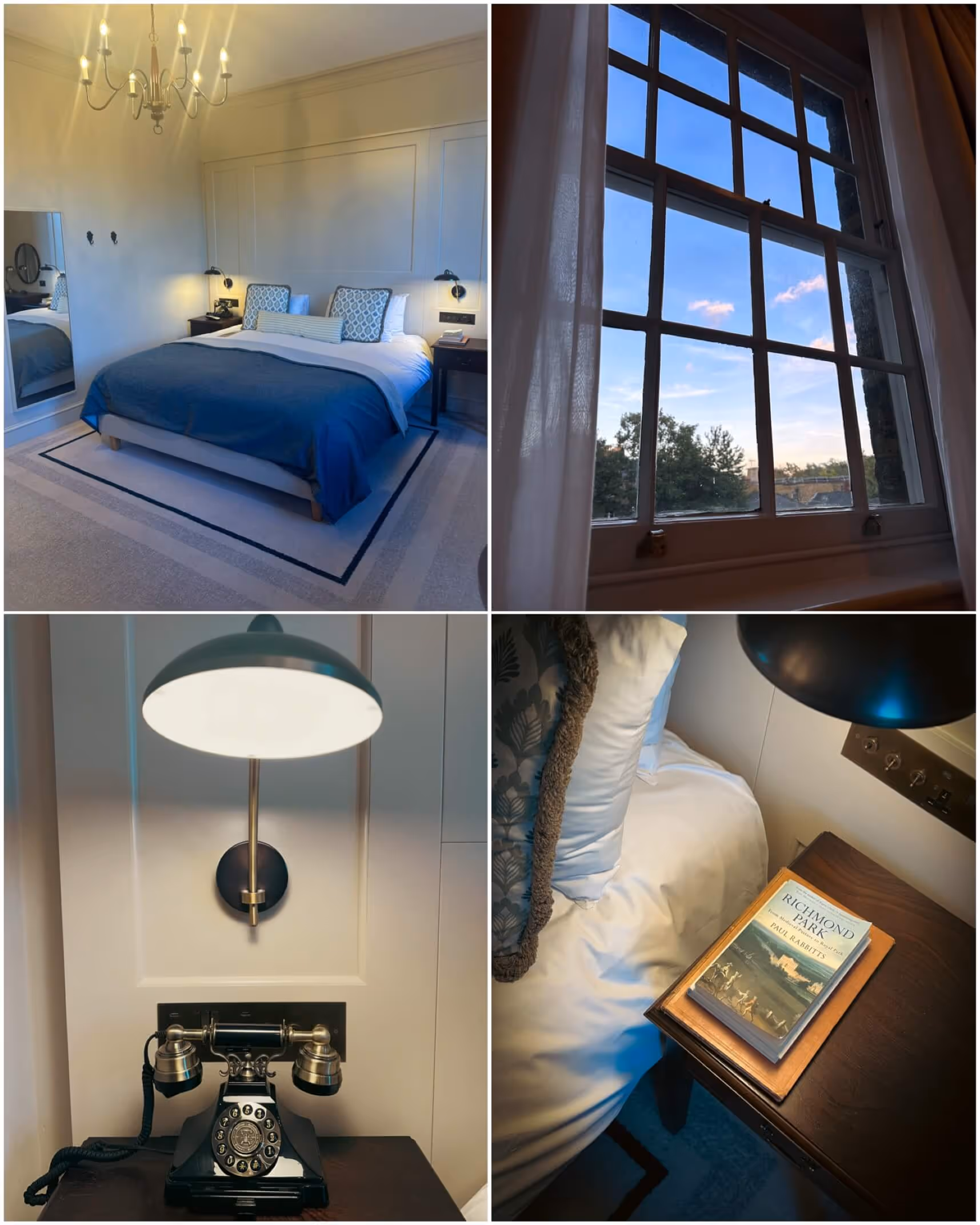 A collage of images of the Georgian Deluxe bedroom at Richmond Hill Hotel, featuring a spacious and elegant room with a freestanding bath, plush bedding, stylish décor, and a walk-in shower in the en-suite bathroom.