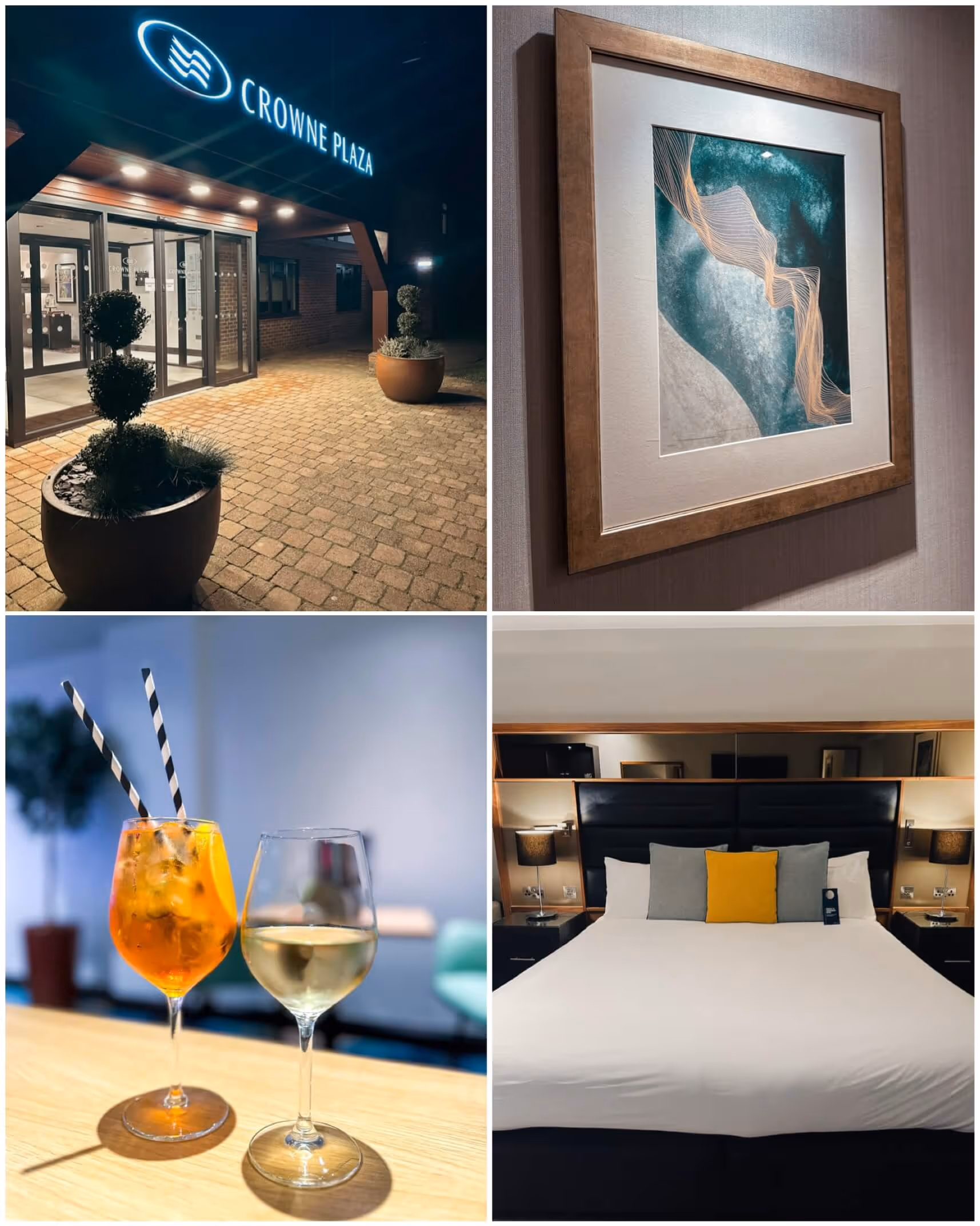 A collage showcasing the Crowne Plaza Felbridge, featuring its spacious family-friendly bedrooms, elegant dining area, and well-stocked bar.
