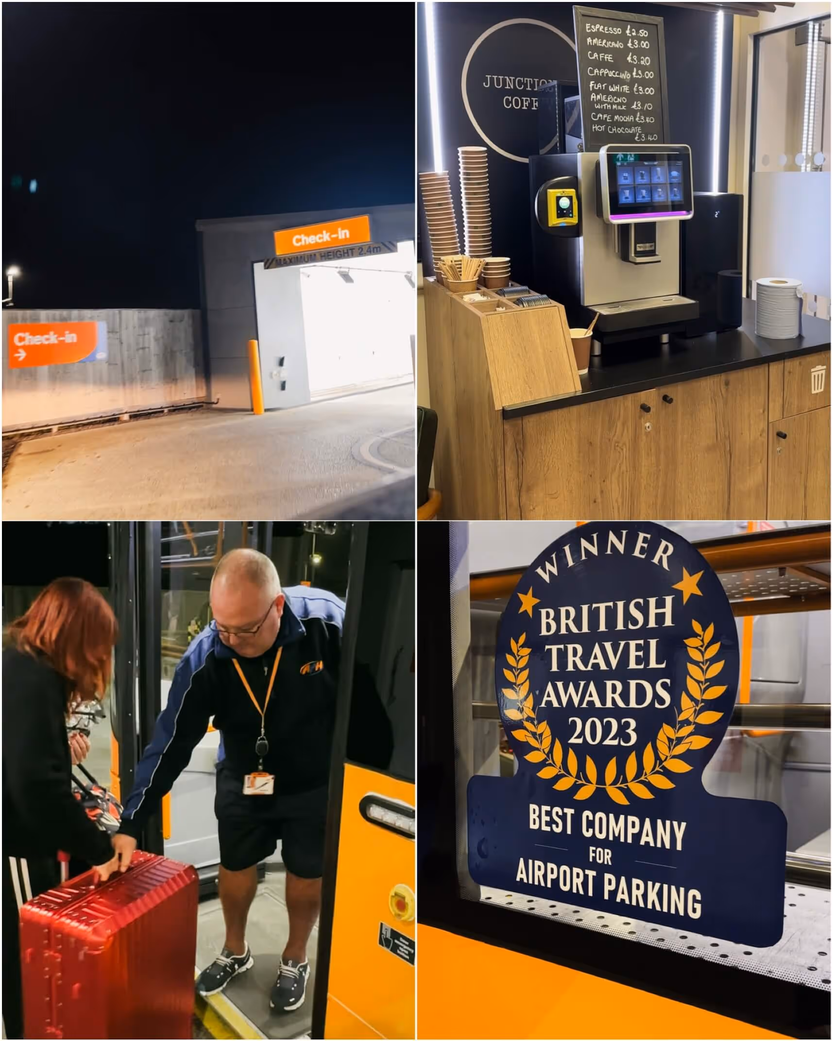 A collage of APH parking facilities near Gatwick, highlighting automated entry gates, secure parking spaces, and shuttle buses ready to transport passengers
