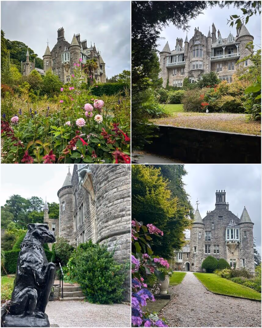 Exterior view of Château Rhianfa with turreted architecture overlooking the Menai Strait in North Wales