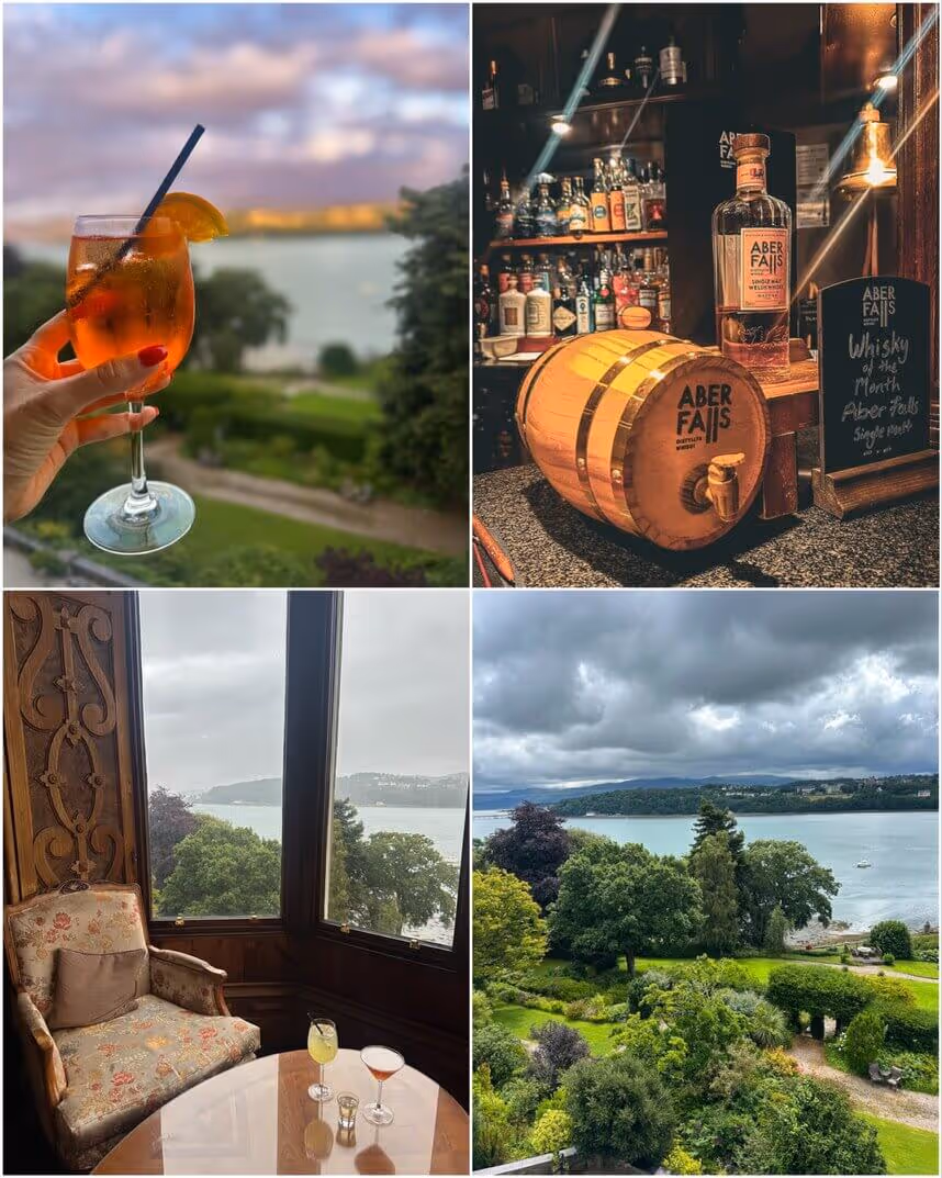  Lounge area inside Château Rhianfa with ornate furniture and cocktails on a table