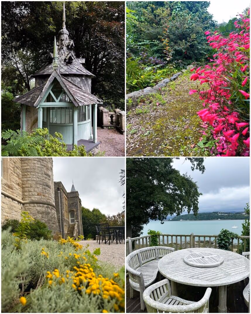 Château Rhianfa gardens with flowers in bloom and peaceful seating areas