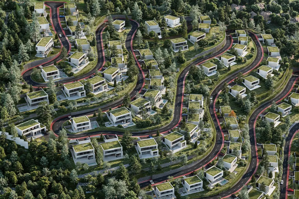 Aerial view of Aura Residence homes and winding landscaped streets