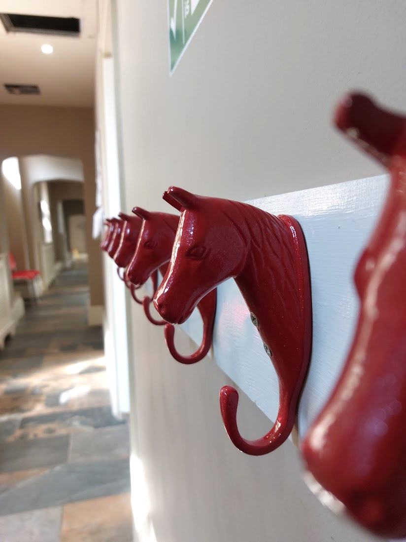 Red horse-head coat hooks fixed to a white board in the corridor at The Stables.
