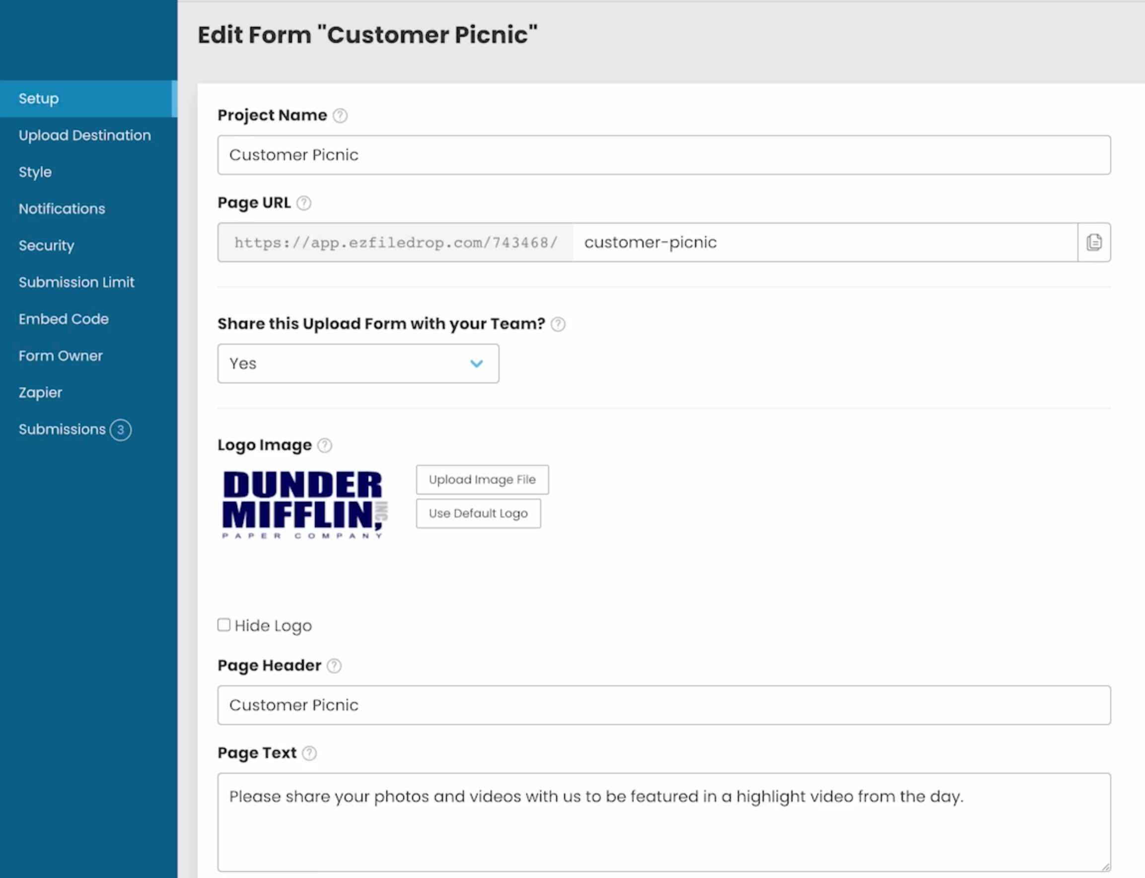A screen shot of the form settings in EZ File Drop.