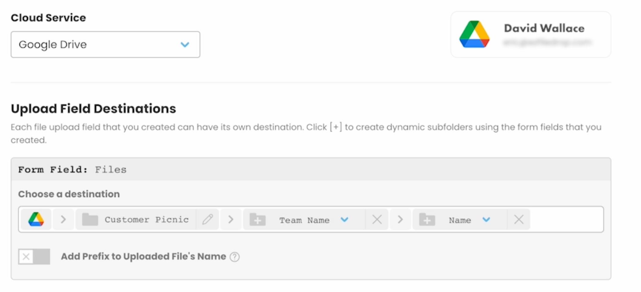 A screenshot of the section where you can choose the destination for upload form data
