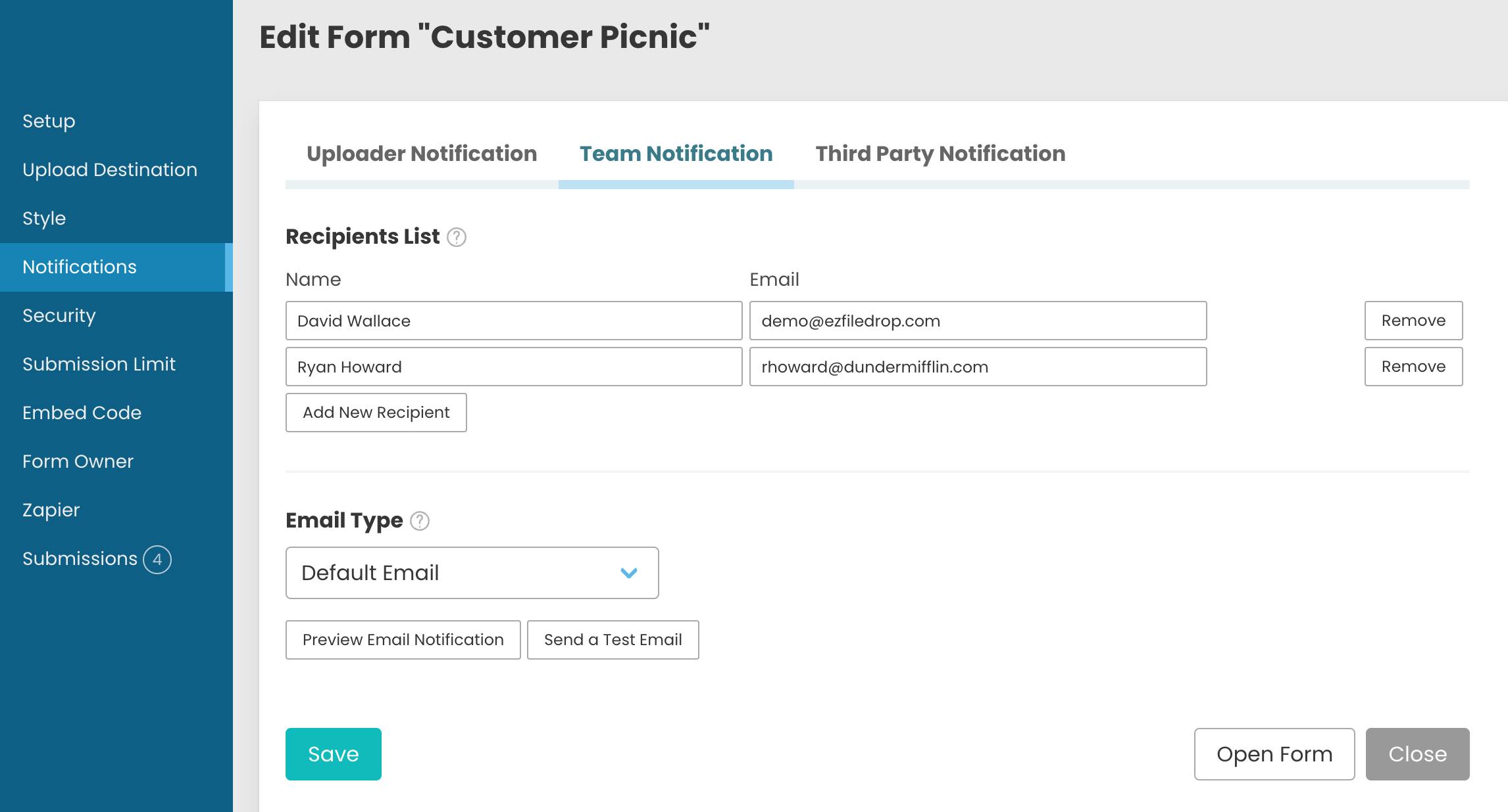 A screen shot of the notifications editor for an EZ File Drop upload form