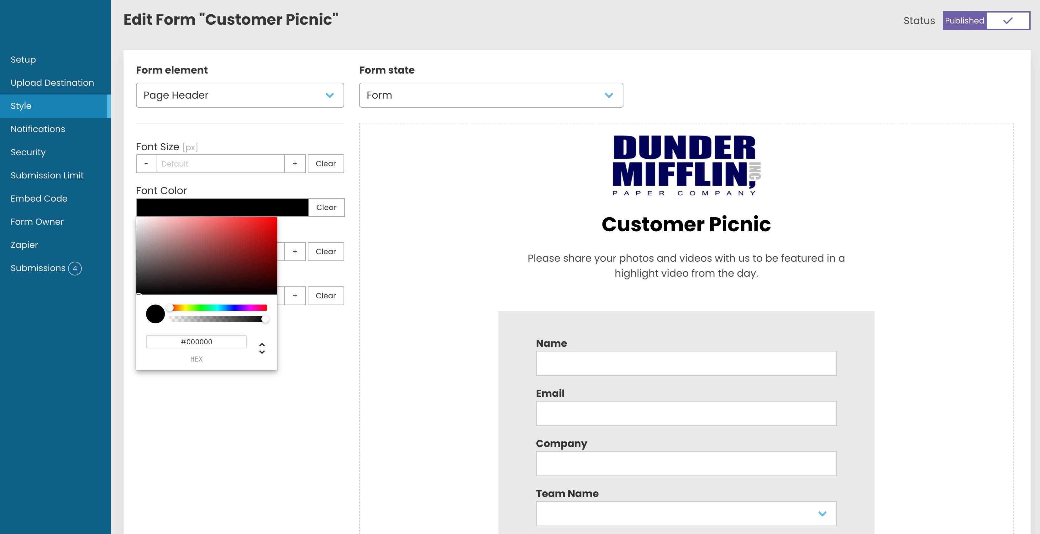 A screen shot of the style editor in EZ File Drop.