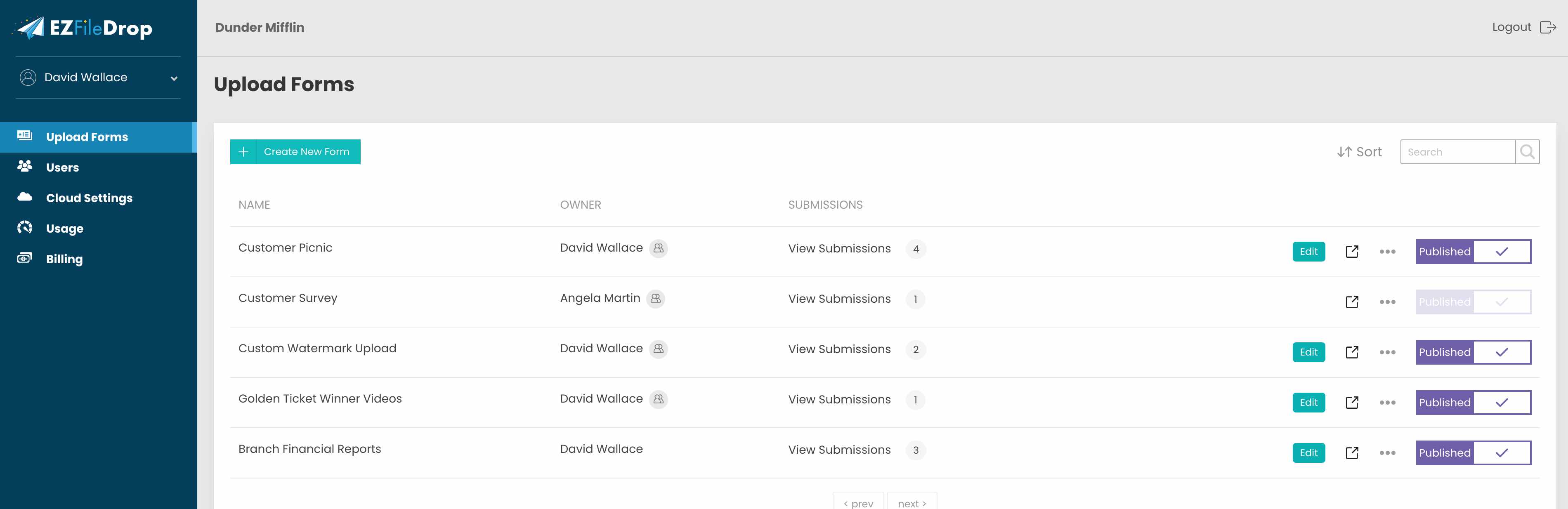 A screen shot of the upload forms list in EZ File Drop.