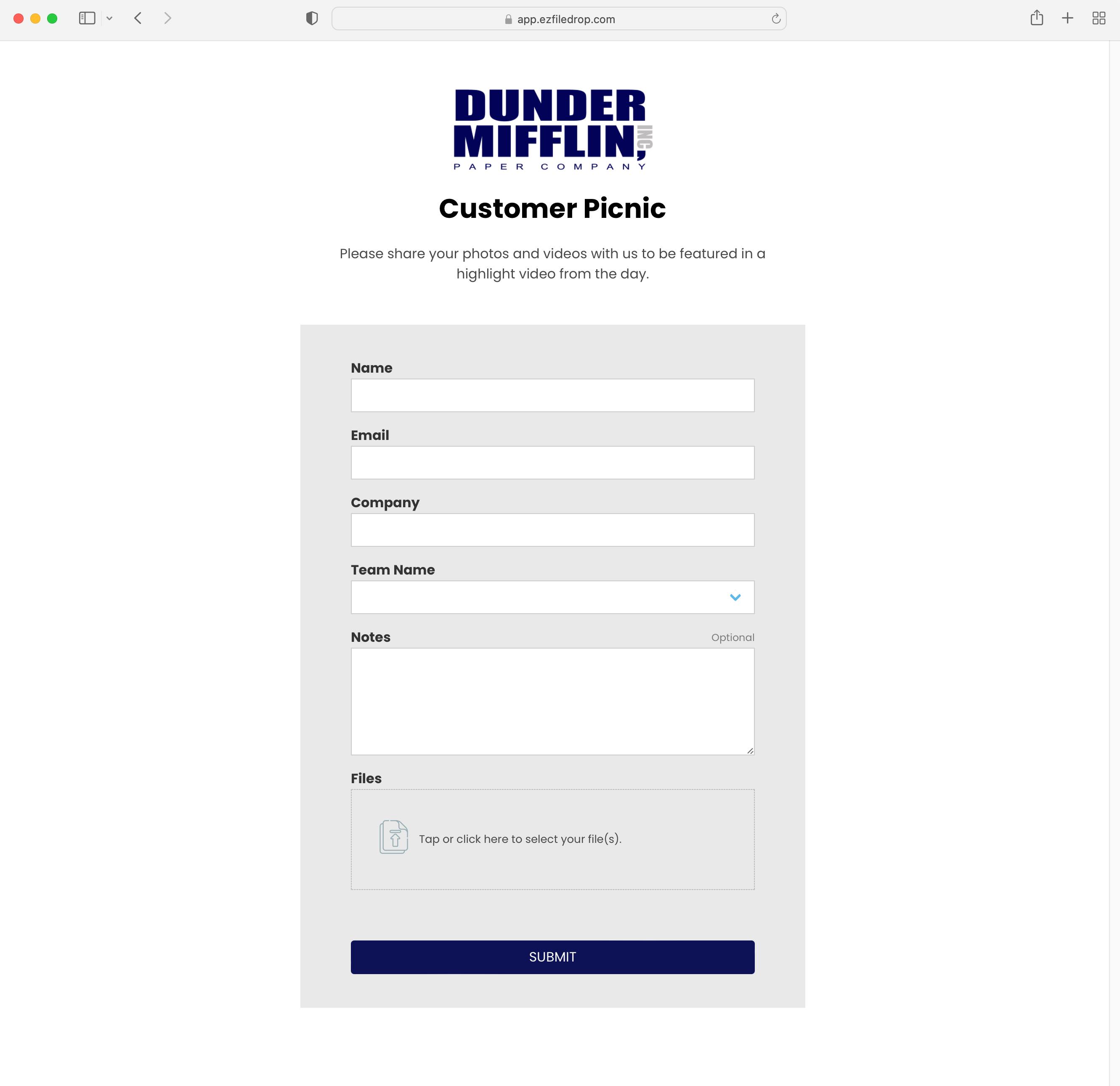 A screen shot of published Microsoft OneDrive upload form created in ZF File Drop.
