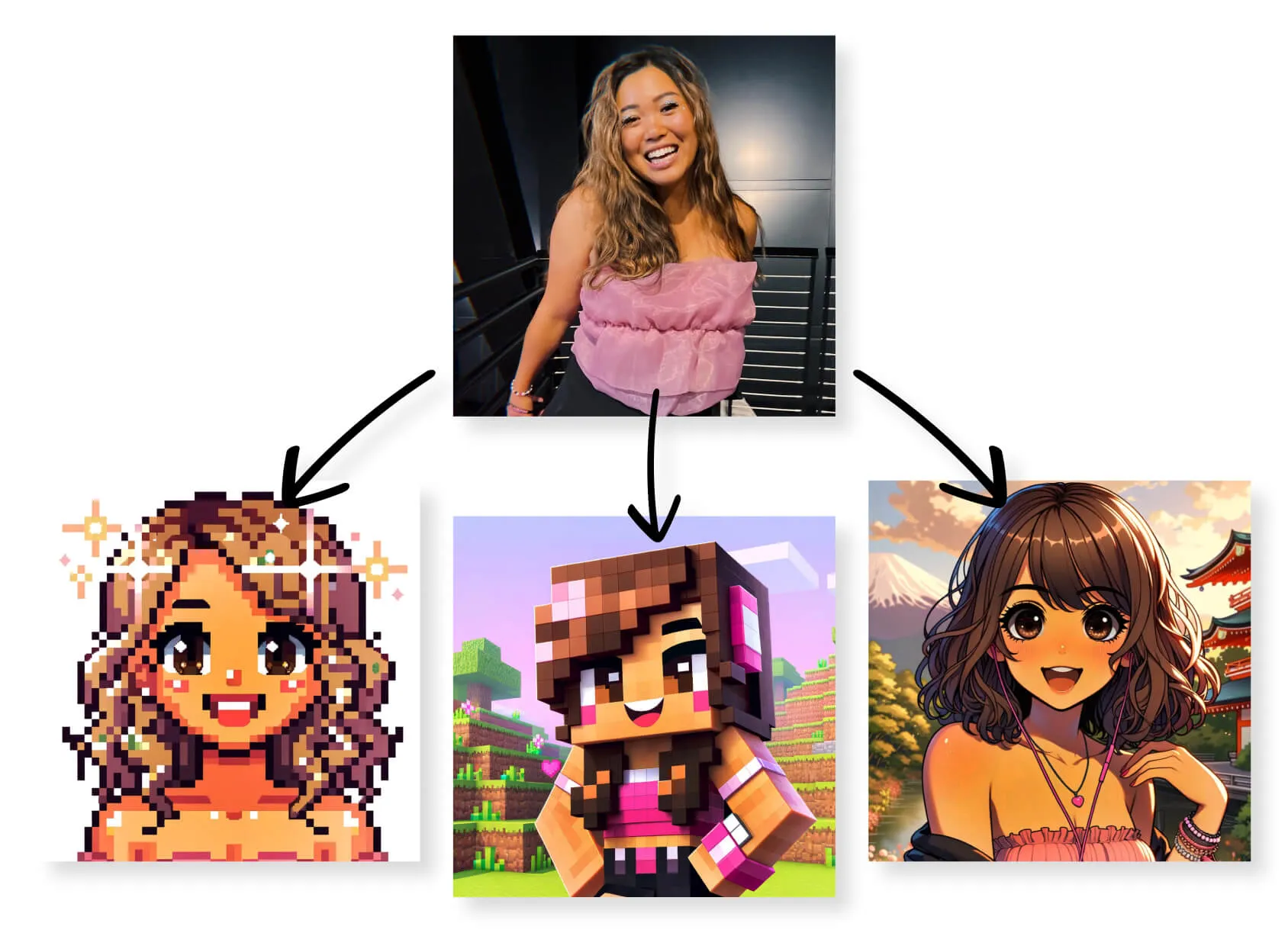 different ai photo styles that the event had including pixel art, anime art, and minecraft block style characters