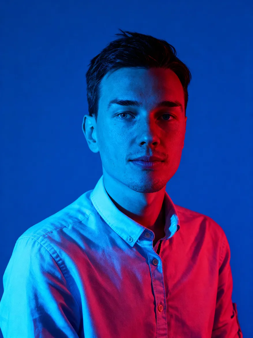 red and blue gel lighting ai headshot