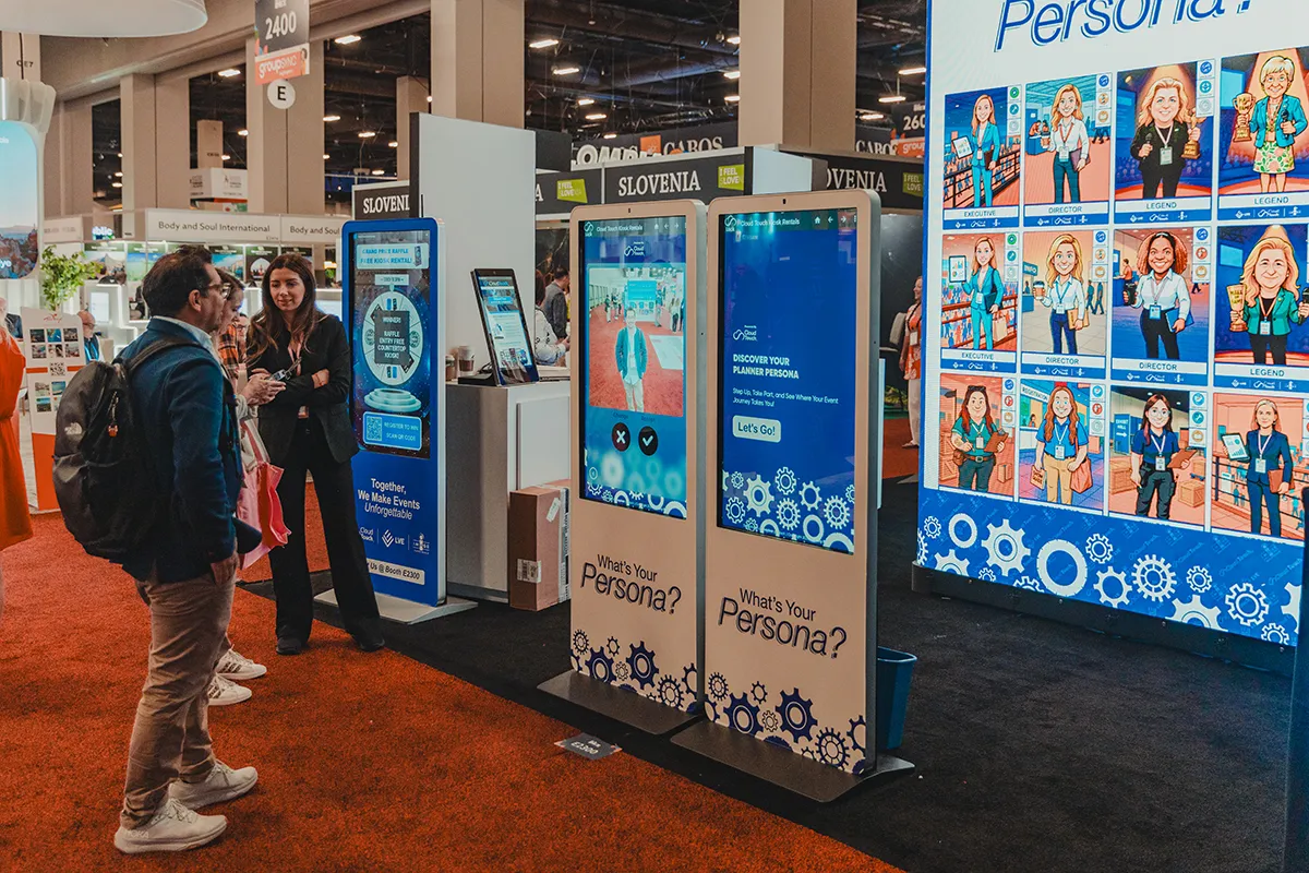 digital kiosk with branded ai photo booth activation on it