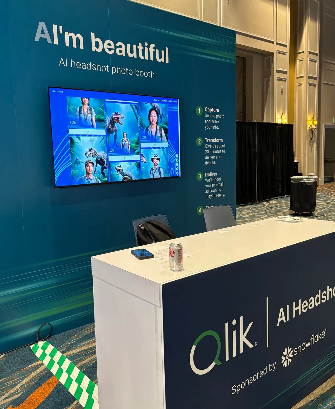 custom branded event setup with digital tv screen displaying ai photos