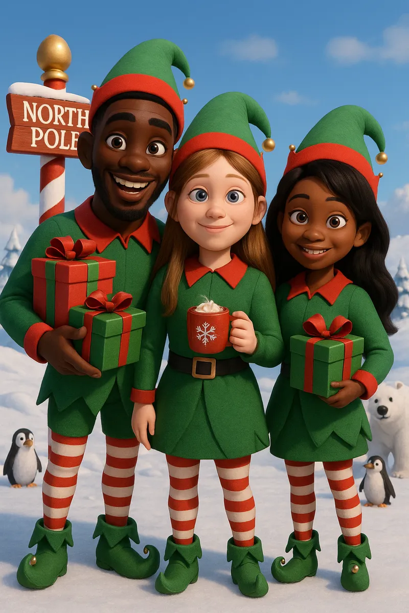 group elf photo at the north pole