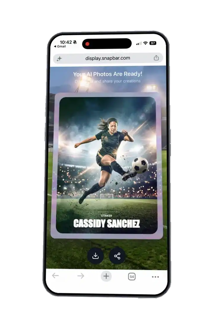 Holographic trading card tilting in 3D on a guest's phone, catching light as it moves