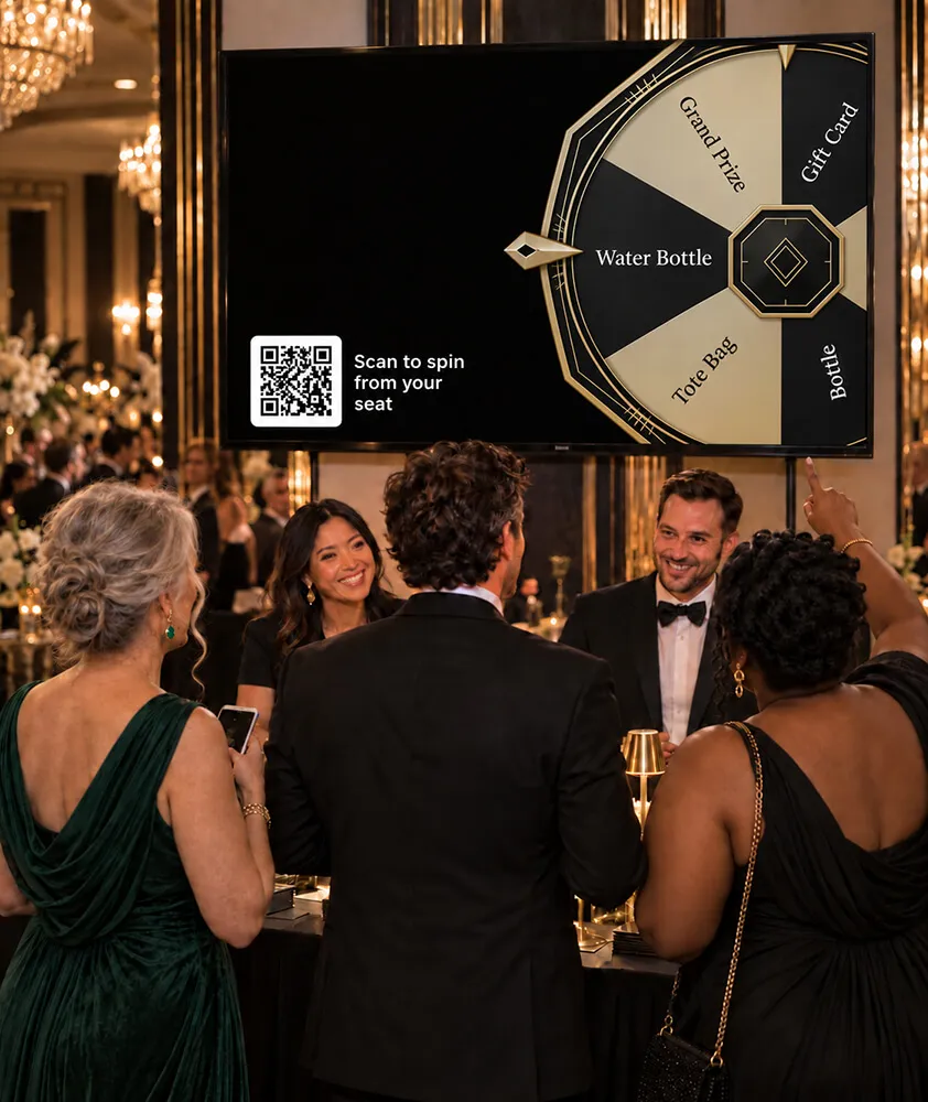 Guests at a black-tie gala gathered around a big screen running a branded Spin to Win wheel