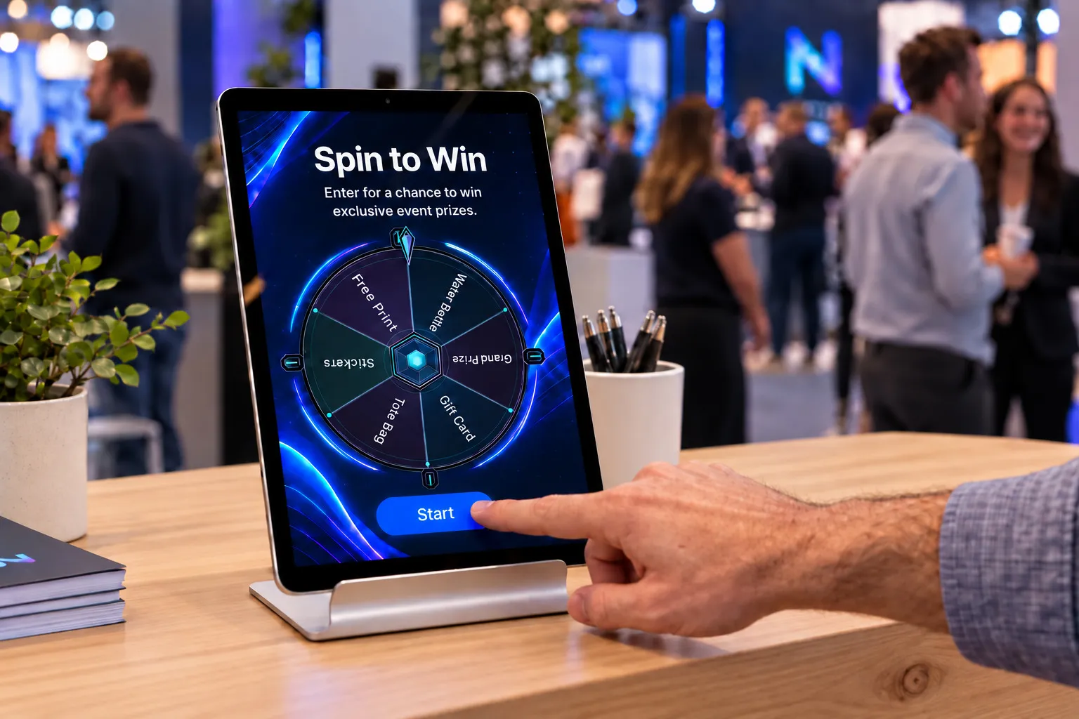 Guest tapping a Spin to Win wheel on a branded tablet kiosk at an event booth