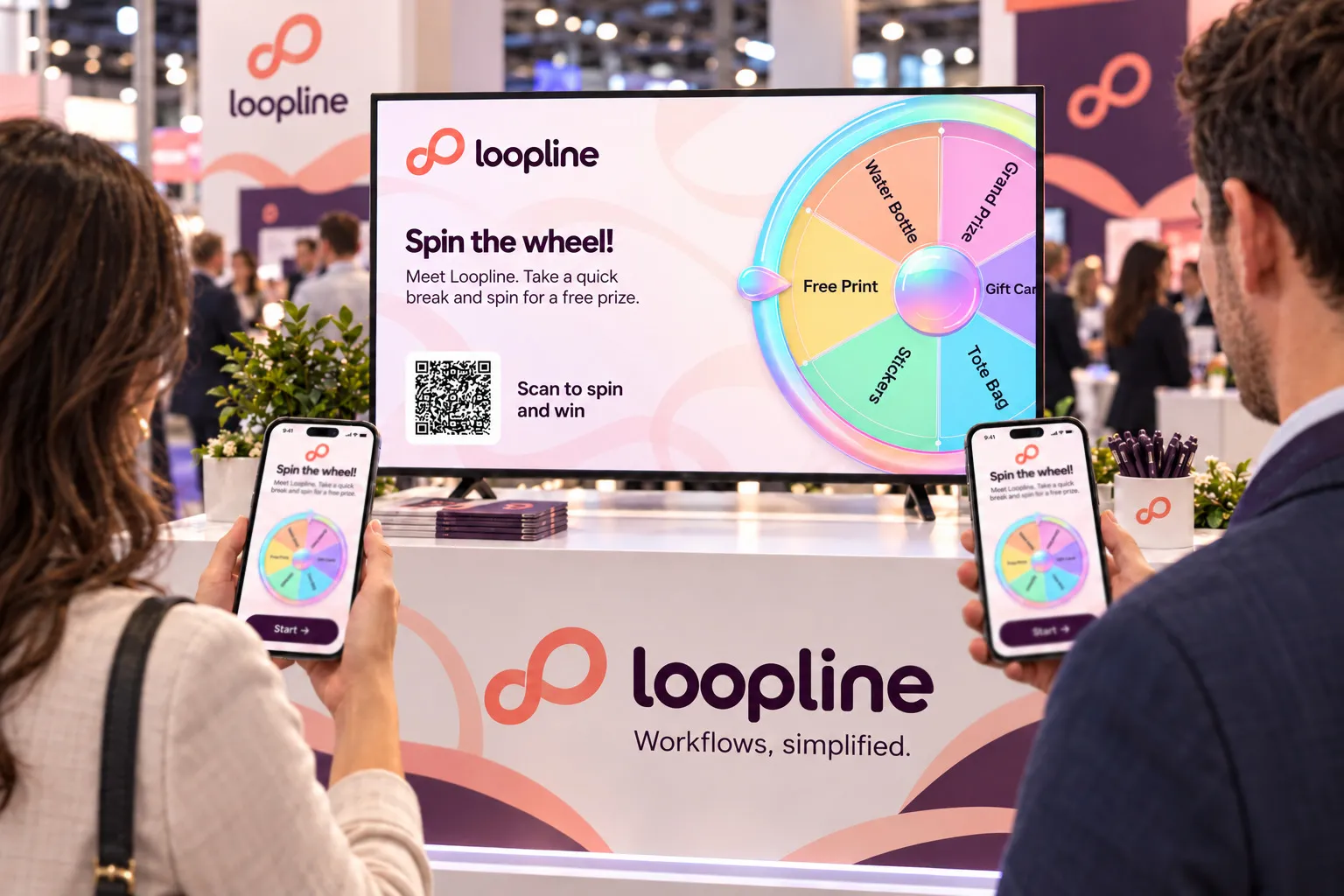 Guests scanning a Spin to Win QR code on a big screen to play on their phones