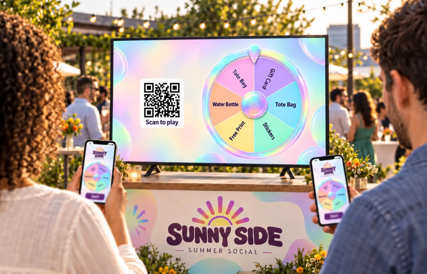 Guests scanning a Spin to Win QR code on a big screen to play on their phones