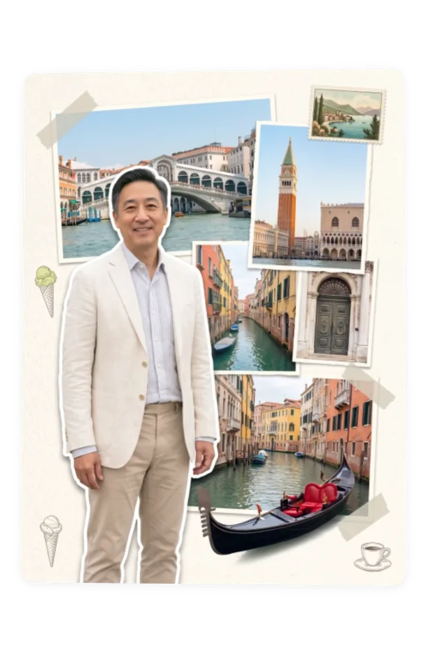Trading card flipping from a Venice photo collage on the front to a personalized postcard back with the guest's name, title, and favorite vacation spot
