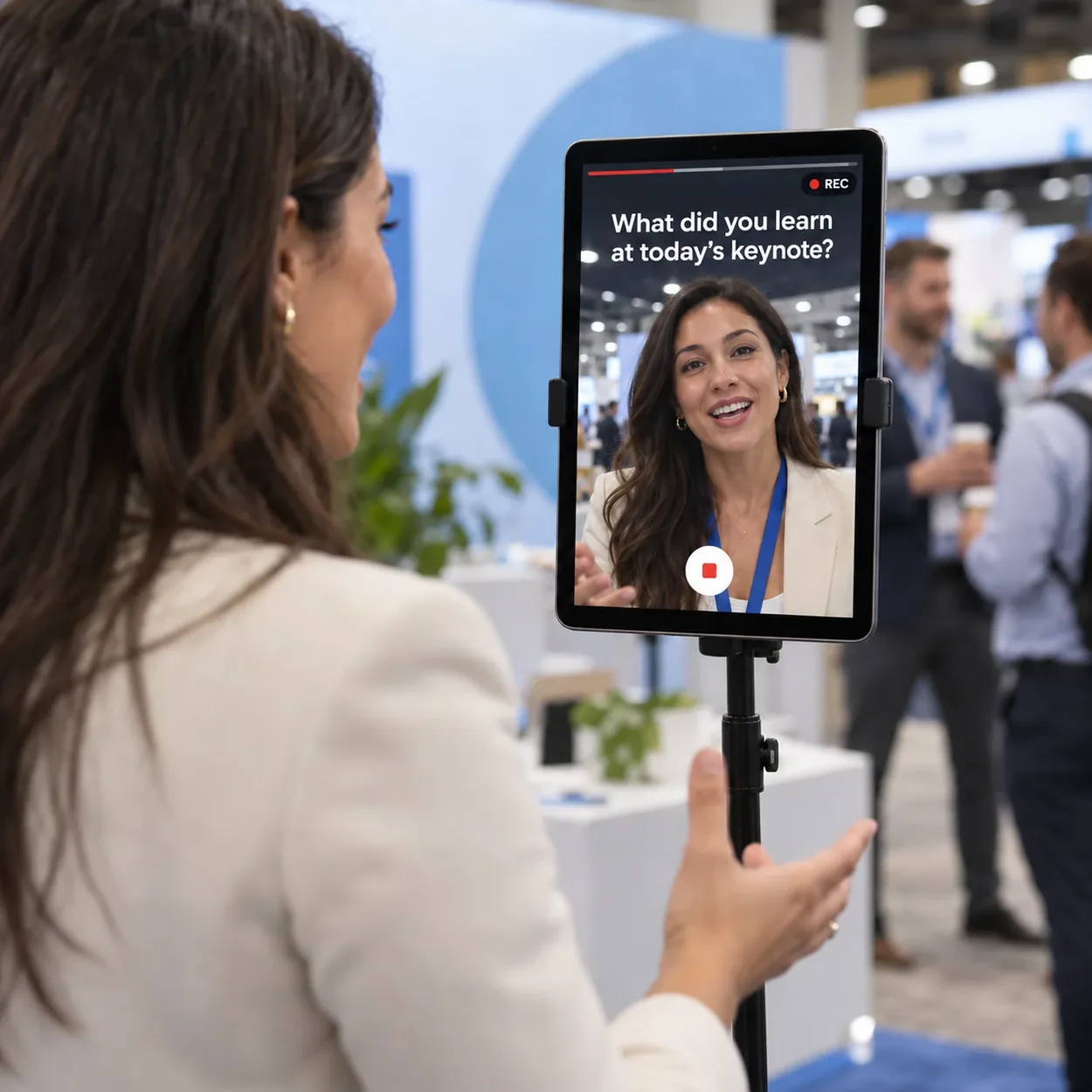 A conference attendee records a video testimonial on a tablet mounted on a tripod at an event booth, answering the question shown on screen while the recording runs