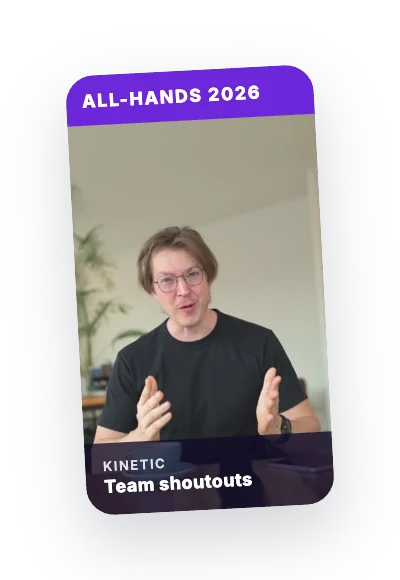 An employee's video shoutout with an All-Hands 2026 banner and a Team shoutouts caption