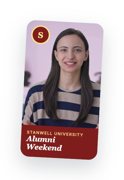 An alum's video testimonial with a Stanwell University Alumni Weekend overlay and crest