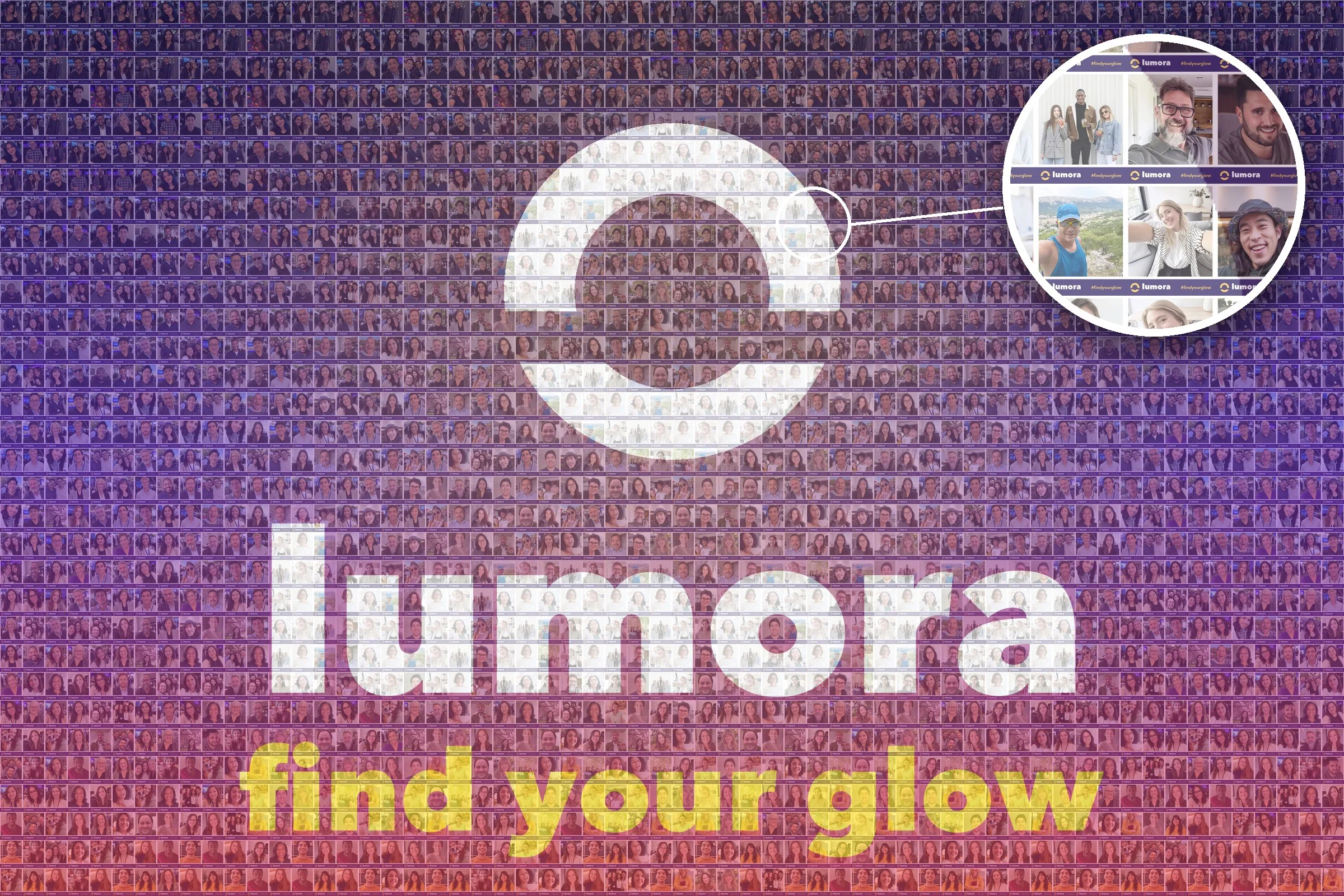 Photo mosaic of branded booth photos forming the lumora logo, with a close-up of individual photos