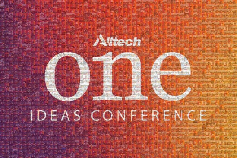 Photo mosaic of thousands of attendee photos forming the Alltech ONE Ideas Conference logo