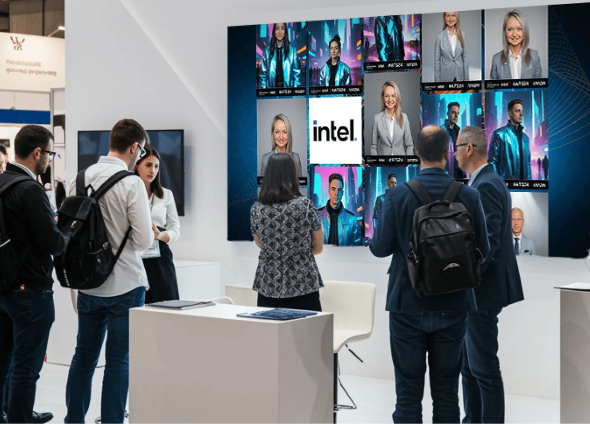 Trade show booth with live gallery display and team engagement