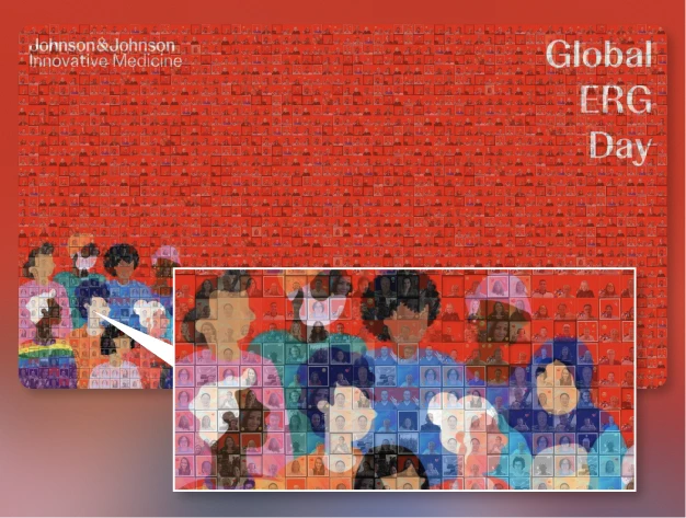 Interactive team mosaic showing community member portraits combined into unified visual