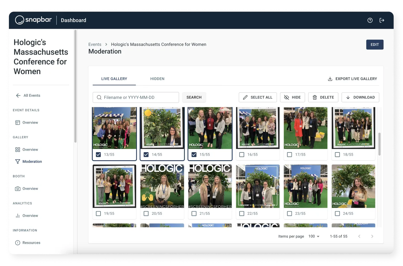 Live gallery wall displaying real-time user-generated content at corporate event