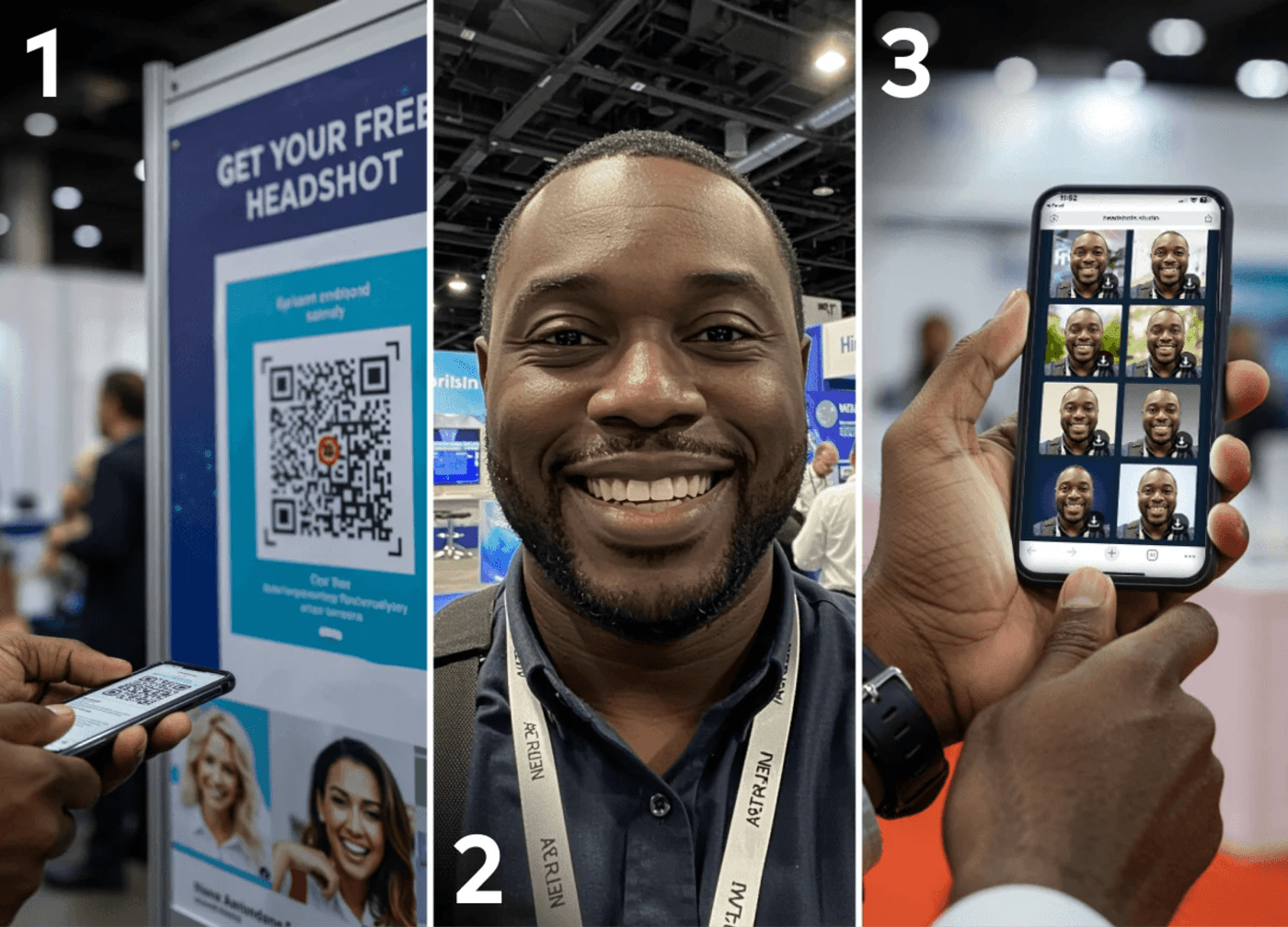 Trade show booth with distinct engagement zones and interactive stations on the exhibit floor