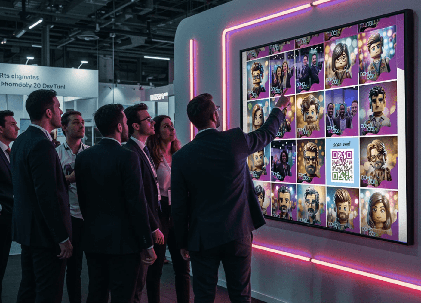 Live UGC gallery wall display at a trade show booth showcasing real-time attendee engagement