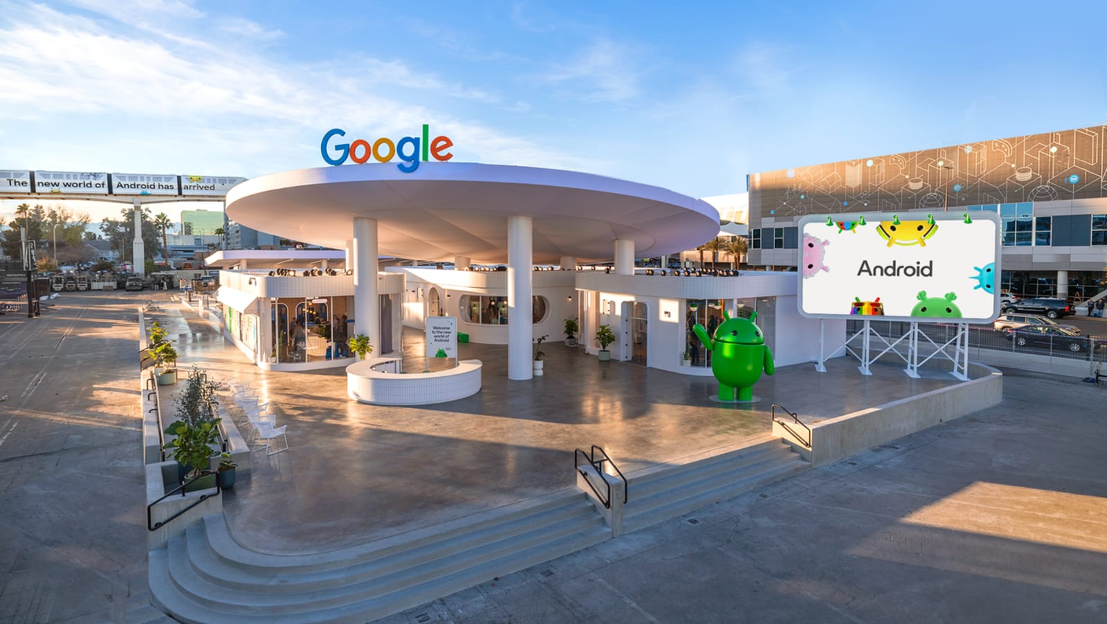 Google CES 2024 booth at Central Plaza featuring Android-themed interactive demo stations