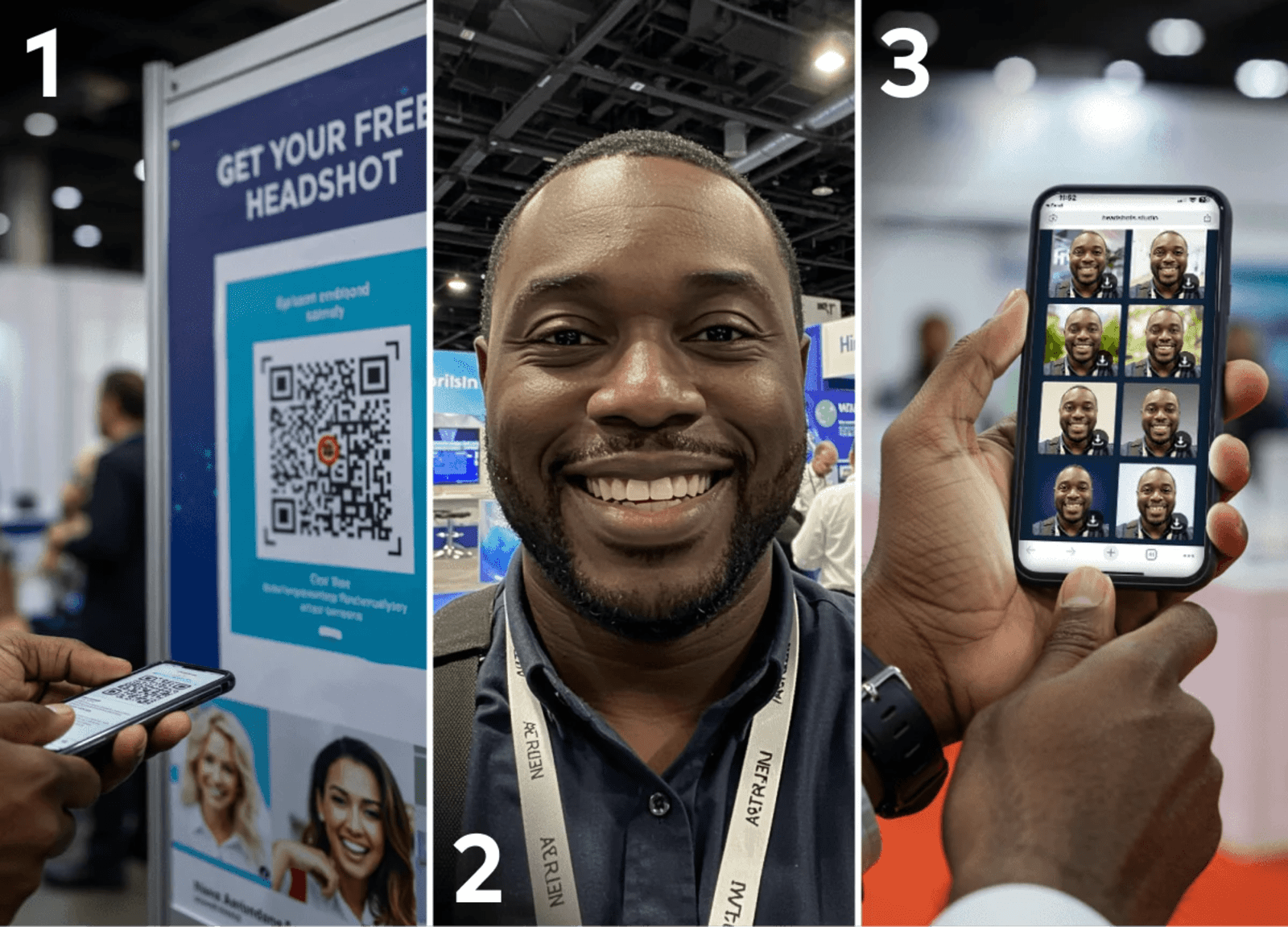 Attendee scanning QR code at event headshot station and viewing AI-generated professional headshots on phone