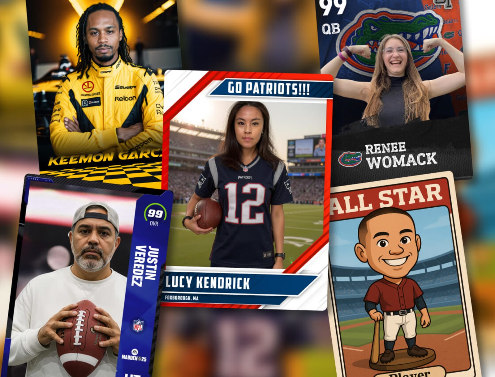 AI-generated sports trading cards showing personalized fan cards created through experiential photo activations