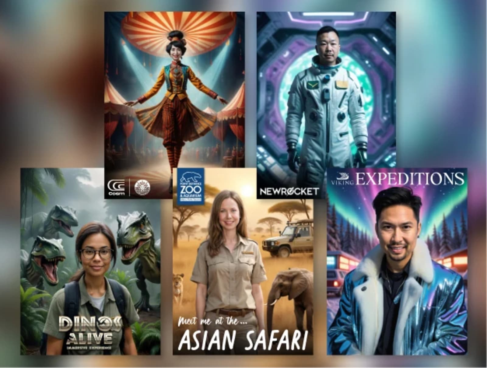 Examples of branded experiential photo activations including immersive scenes, AI portraits, and custom themed experiences