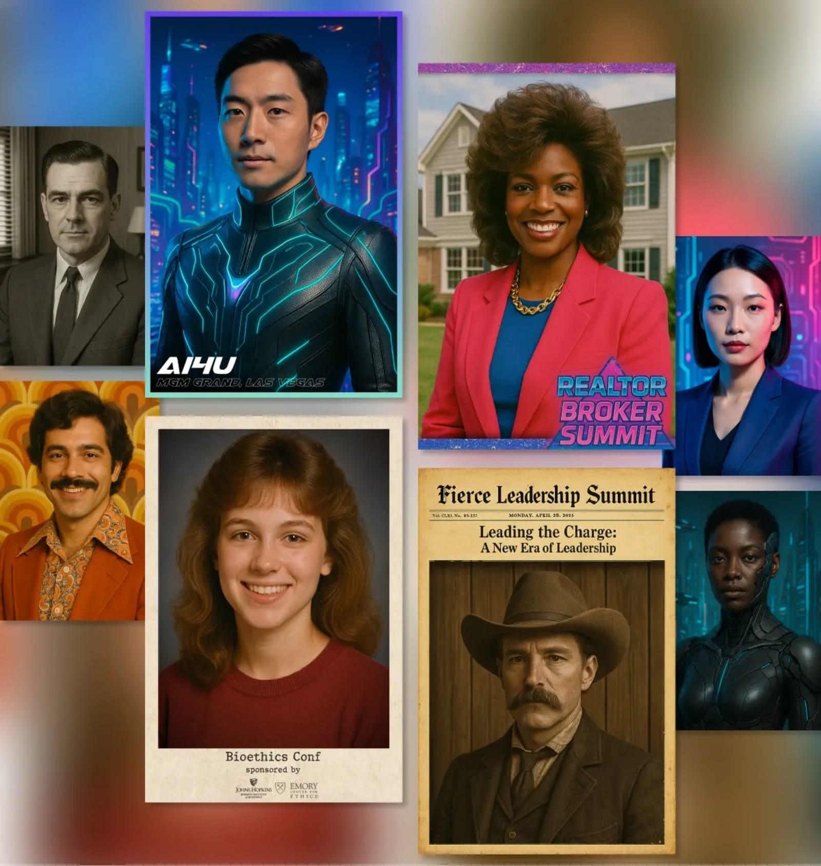 AI-powered conference photo activations showing attendees transformed into themed portraits for industry events