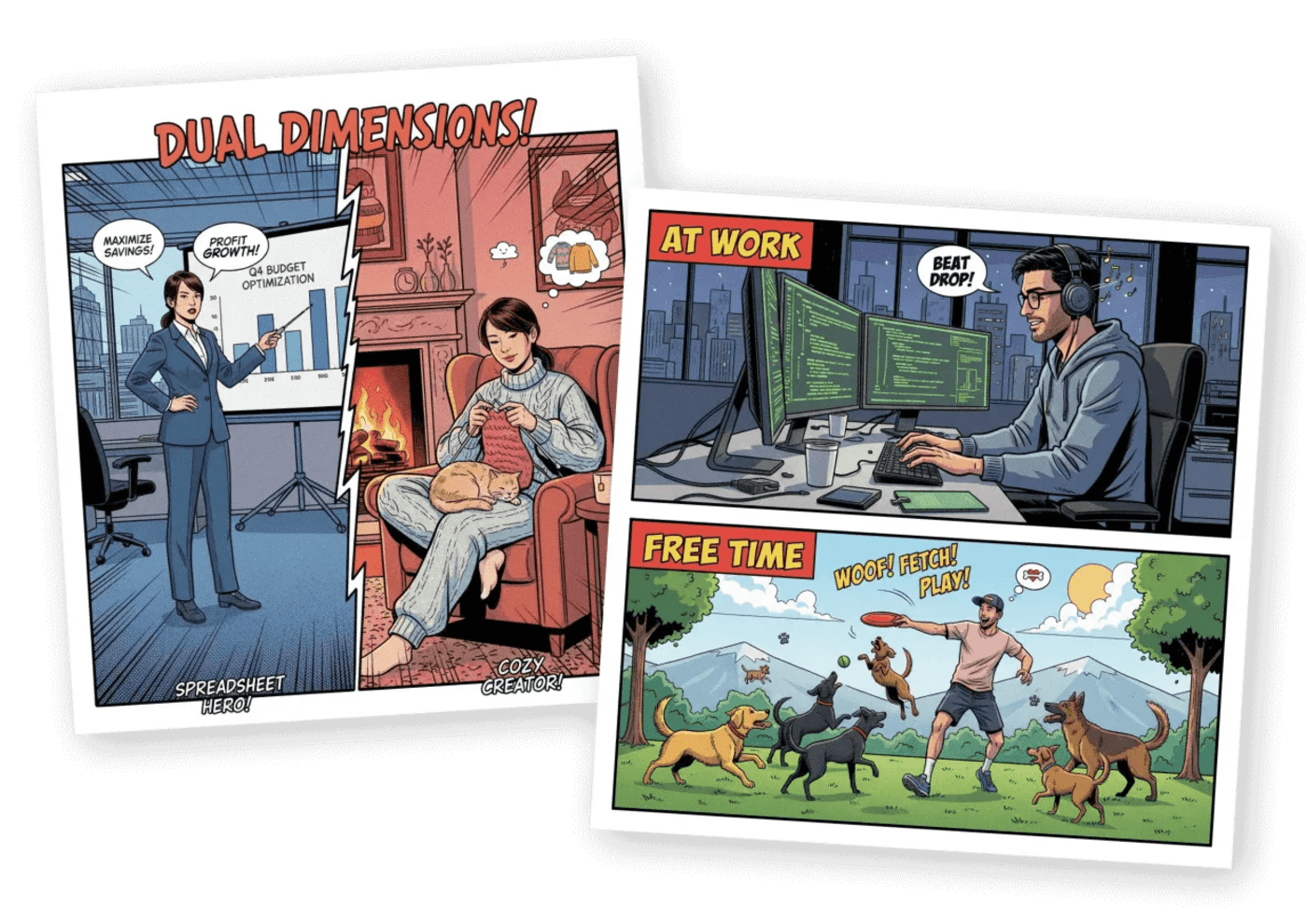 AI Stories concept showing comic-style illustrations of an employee's professional and personal sides as an icebreaker activity