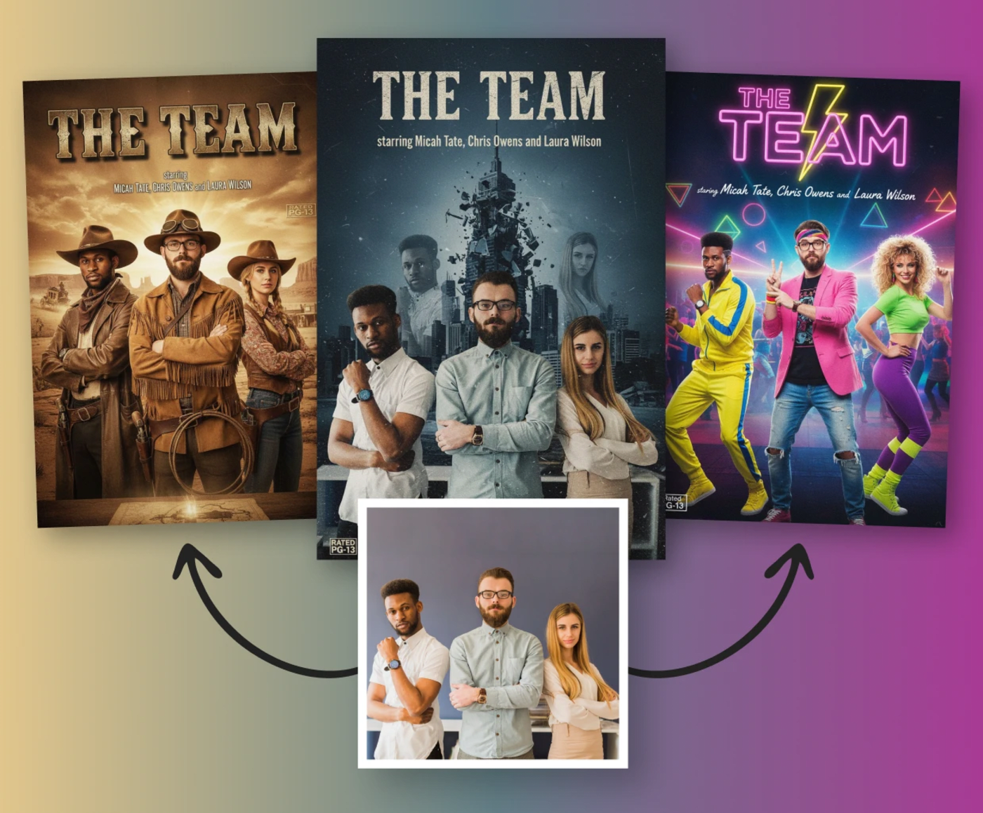 Team photo transformed into AI-generated movie poster styles showing the same group in western, action, and retro themes
