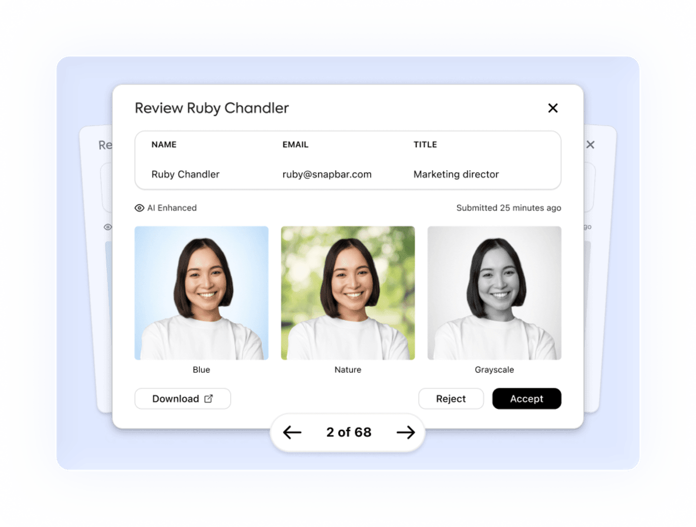 Scale Headshots admin review interface showing team headshot submissions with multiple style options to accept or request retakes