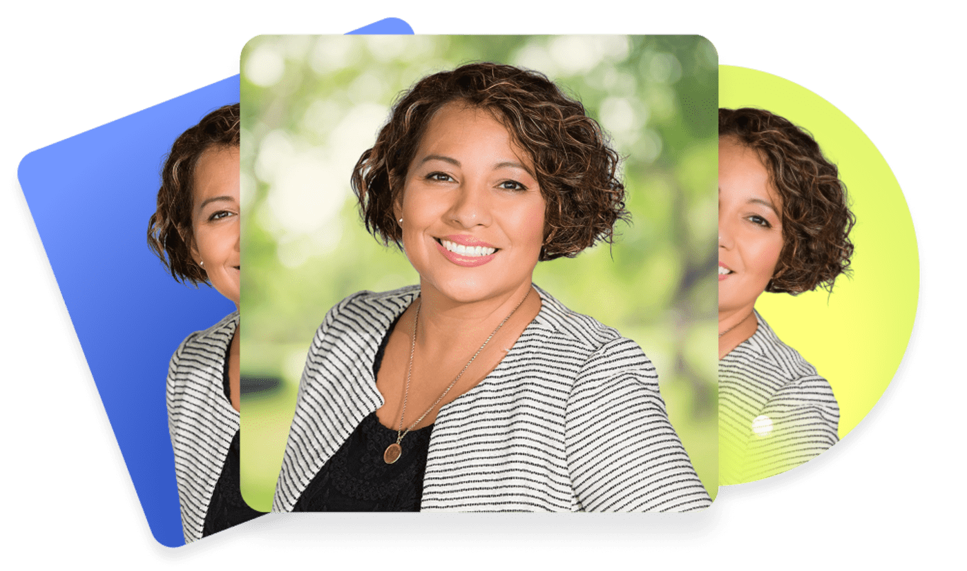 Three headshot style variations showing the same team member with different branded backgrounds applied by Scale Headshots