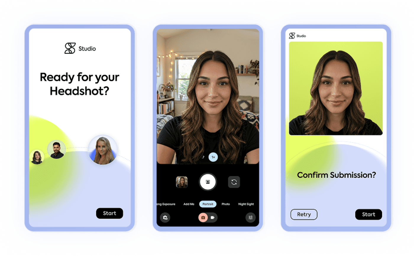 Scale Headshots mobile capture flow showing the team member experience from invitation to photo submission