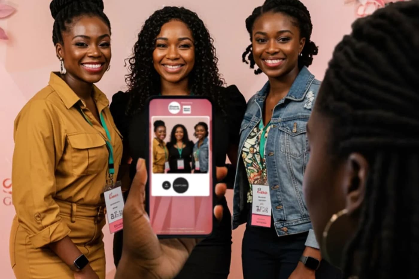 Conference attendees engaging with a branded photo activation on mobile
