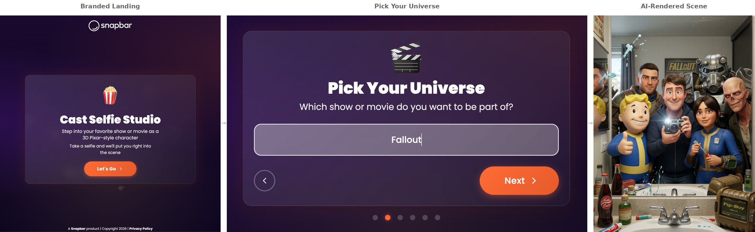 Movie-scene selfie transformation: branded landing page, user selecting Fallout as their universe, and the final 3D Pixar-style rendered scene