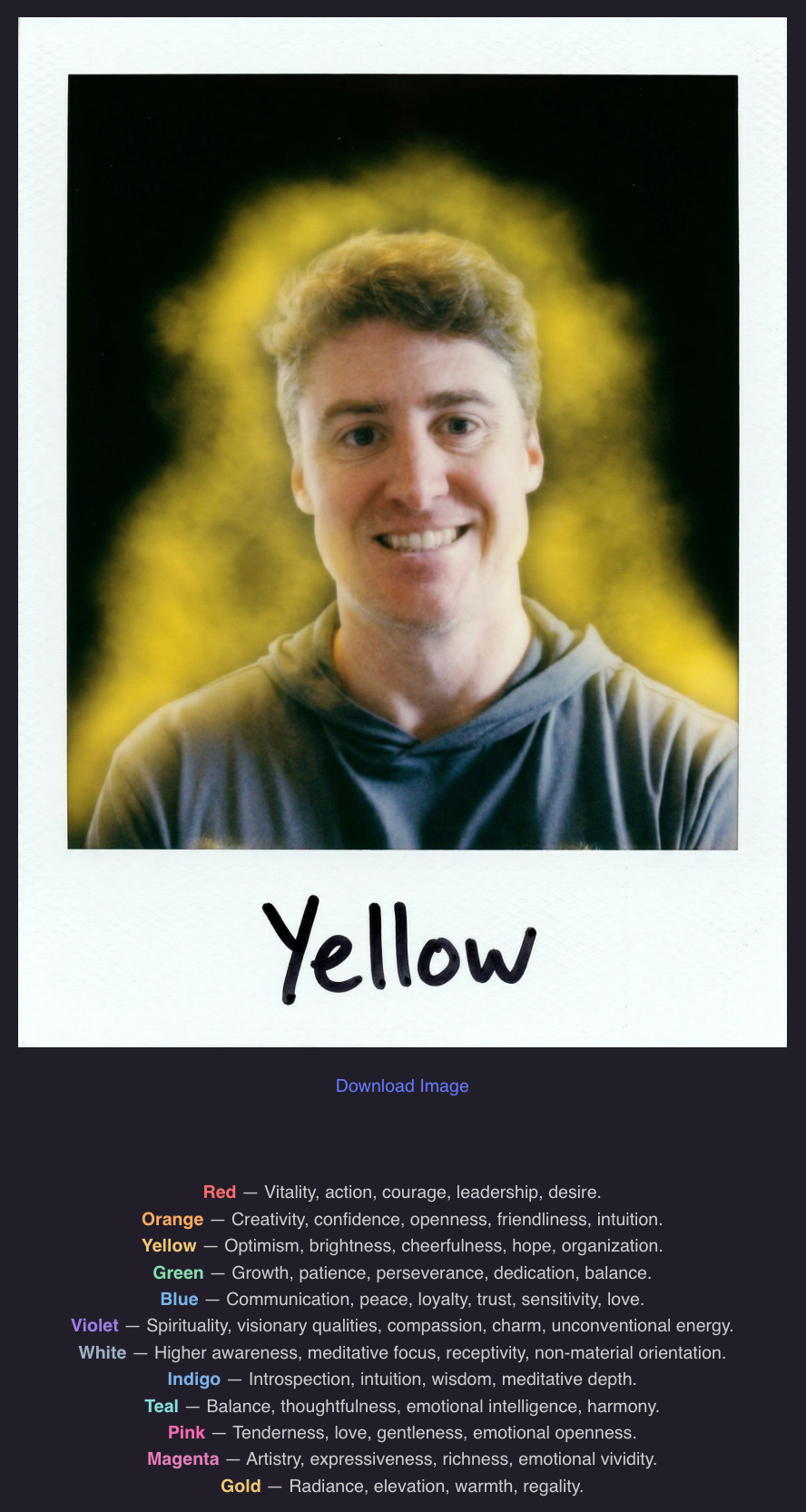Aura portrait reading showing a personalized yellow color portrait with personality trait descriptions for each aura color